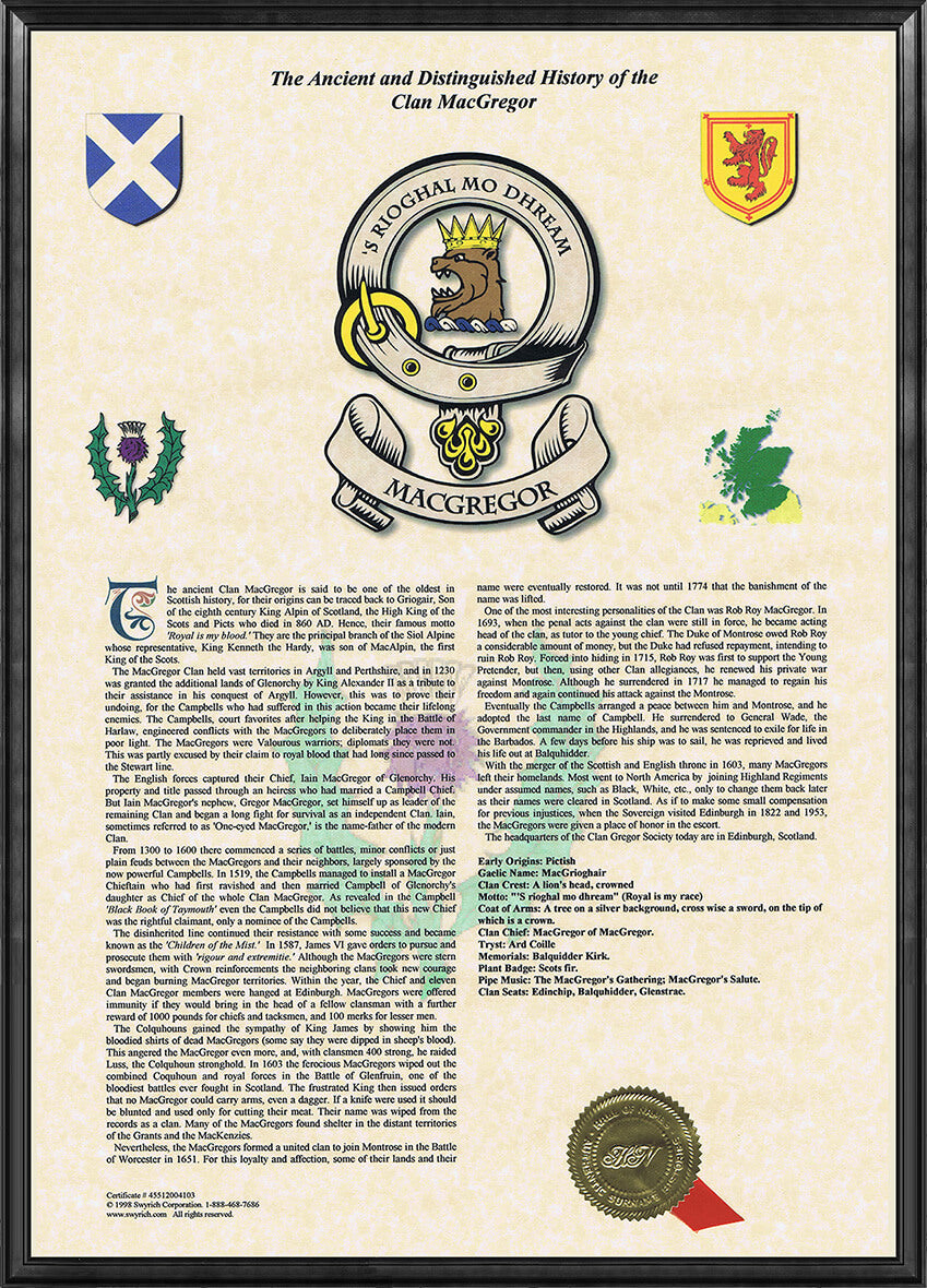 A sample Scottish Clan History Scroll in a black frame carrying the name Macgregor.