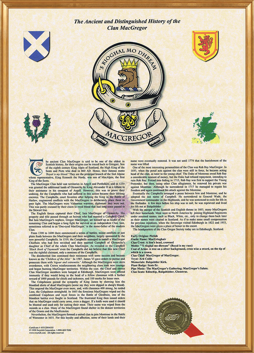 A sample Scottish Clan History Scroll in a golden frame carrying the name Macgregor.