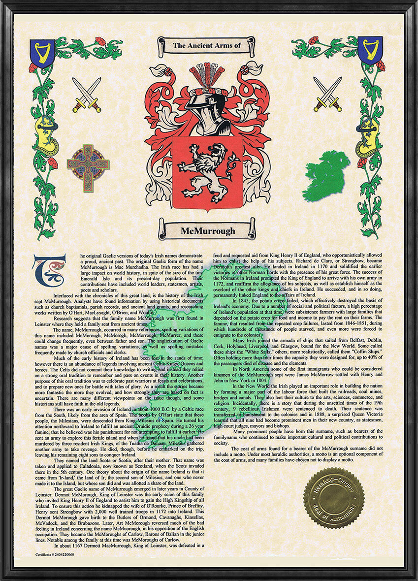 Irish Sept History Scroll displaying heraldry coat of arms and other family history, with a black frame