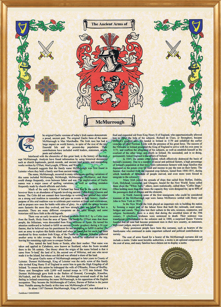 Irish Sept History Scroll displaying heraldry coat of arms and other family history, with a gold frame