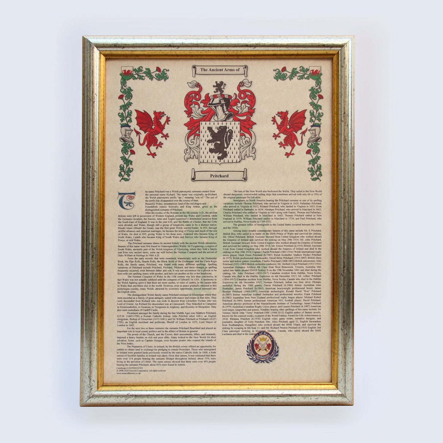 A sample Coat of Arms and Surname History in a golden frame, displaying the name Pritchard.