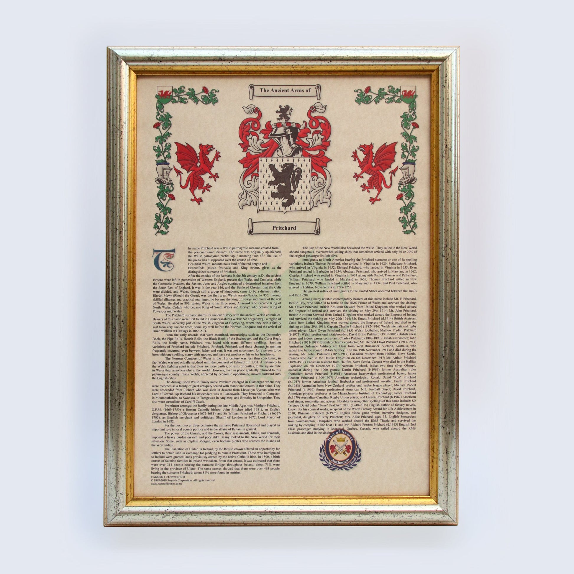 A sample Coat of Arms and Surname History in a golden frame, displaying the name Pritchard.