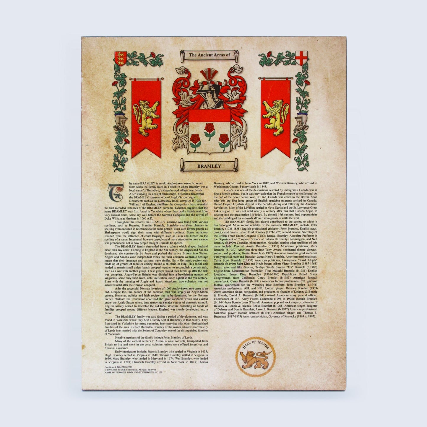 A sample Coat of Arms and Surname History scroll, displaying the name Bramley.