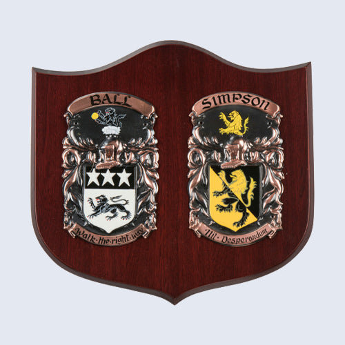 A sample large double hardwood shield (curved top - knight double'), which displays the surnames Ball and Simpson.