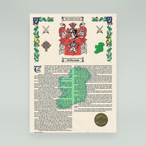 Irish Sept History Scroll displaying heraldry coat of arms and other family history