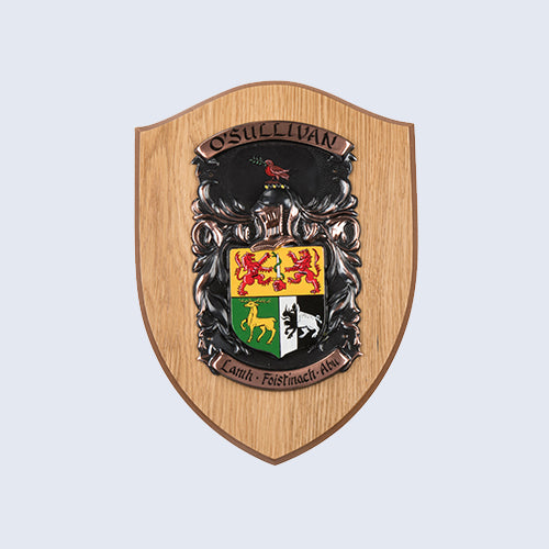 A sample Large Bespoke Coat of Arms Shield in a  Single, Oak (Curved Top - 'Knight') design, displaying the name O'Sullivan.