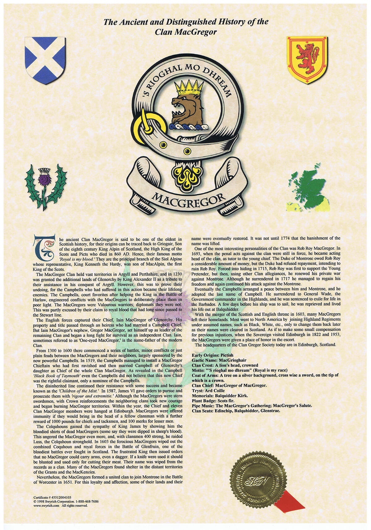 A sample Scottish Clan History Scroll carrying the name Macgregor, second version.