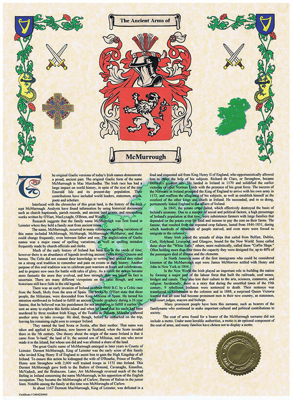 Irish Sept History Scroll displaying heraldry coat of arms and the history of the McMurrough surname