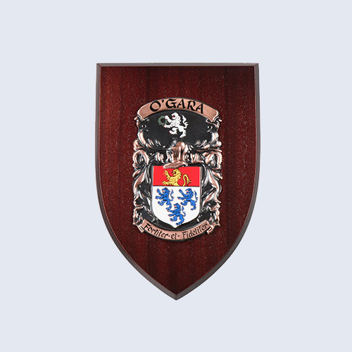 A sample Medium Bespoke Coat of Arms Shield made of Single Hardwood with the name O'Gara on it.