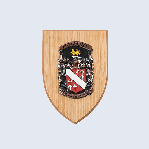 A sample image of a Bespoke Coat of Arms Shield, Medium size, single, made of Oak, with the name Howard on it.