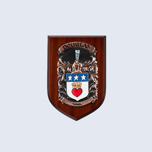 A sample Small Bespoke Coat of Arms Shield, in Single, Hardwood (Flat Top) design, displaying the name Douglas.