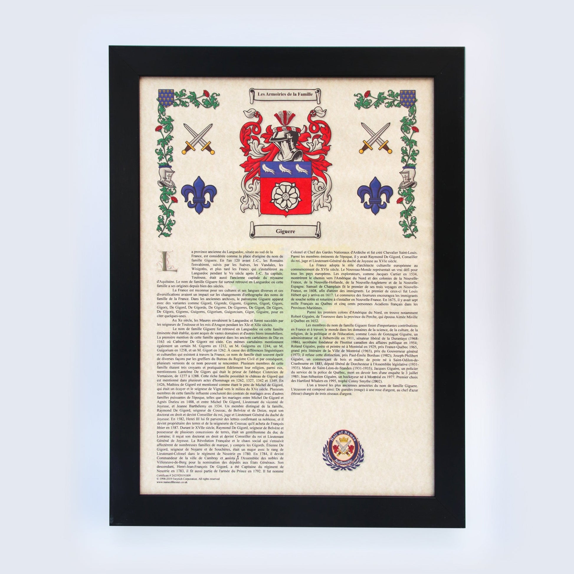 A sample Coat of Arms and Surname History in a black frame, displaying the name Giguere.